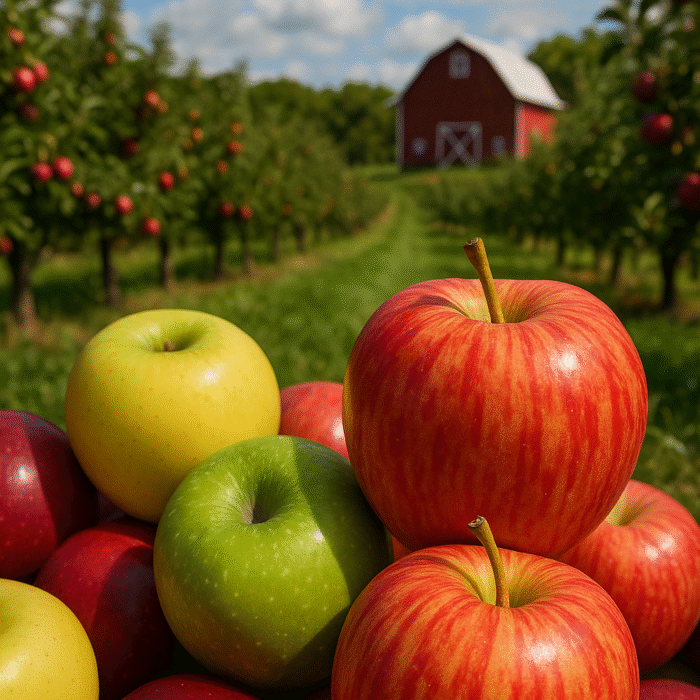 Mixed apple varieties with red barn background on apple orchard farm