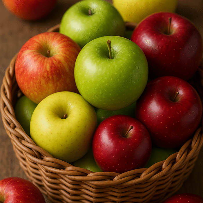A woven basket filled with red, green, and yellow apples on a wooden surface