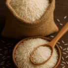 Export-quality rice in eco-friendly brown packaging with a bowl of rice beside it.