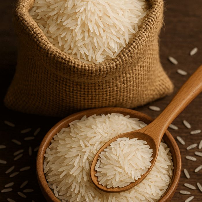 Export-quality rice in eco-friendly brown packaging with a bowl of rice beside it.
