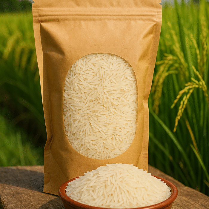 Export-quality rice in eco-friendly brown packaging..