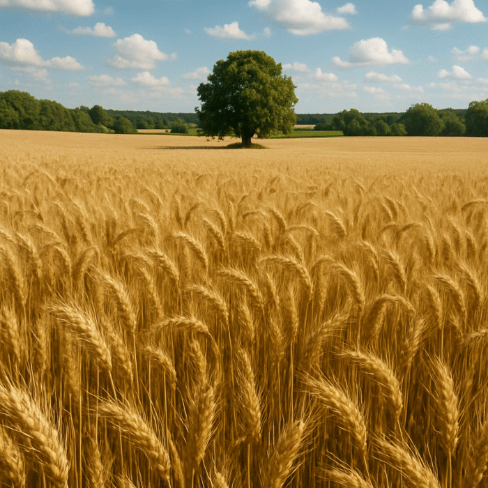 Golden wheat crop with a tree in the background under a blue sky.