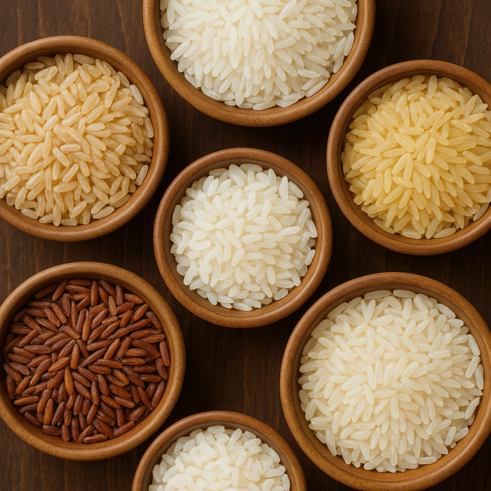 Seven bowls with different types of rice arranged on a wooden table.