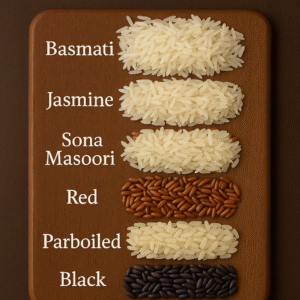 Assorted Indian Rice Varieties – Basmati, Jasmine, Sona Masoori, Red, Parboiled, Black