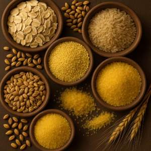 Assorted grains including rice, millet, and oats in wooden bowls