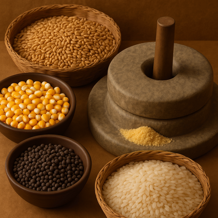Various grains and black pepper arranged with a stone grinder