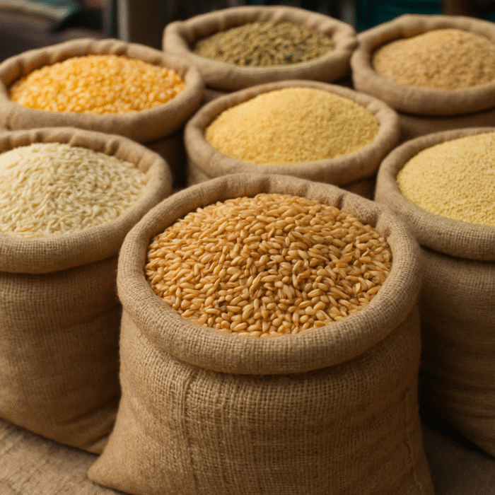 Variety of grains in burlap sacks at a market or warehouse