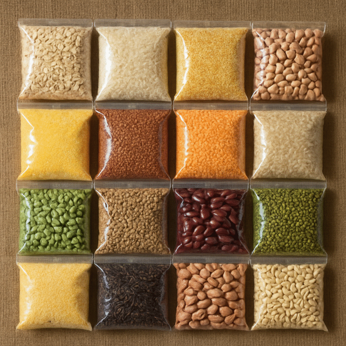 Assorted grains packed in transparent plastic pouches ready for export