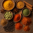 Various Indian spices like turmeric, chili, cardamom, and black pepper in wooden bowls on wooden background