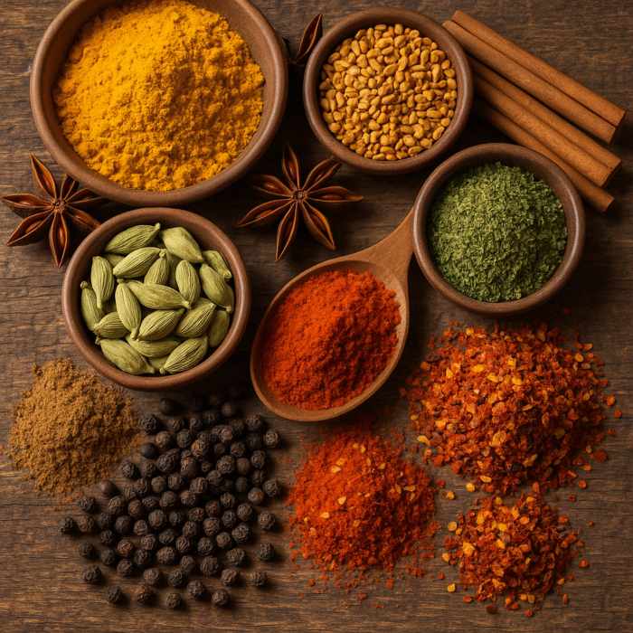 Various Indian spices like turmeric, chili, cardamom, and black pepper in wooden bowls on wooden background