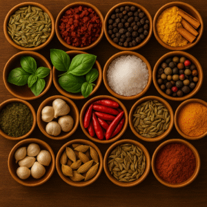 Assorted Indian spices like black pepper, cinnamon, cloves, chili, and basil leaves in organized bowls