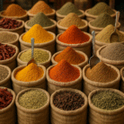 Colorful ground spices arranged in cone shapes inside jute sacks at a spice market.