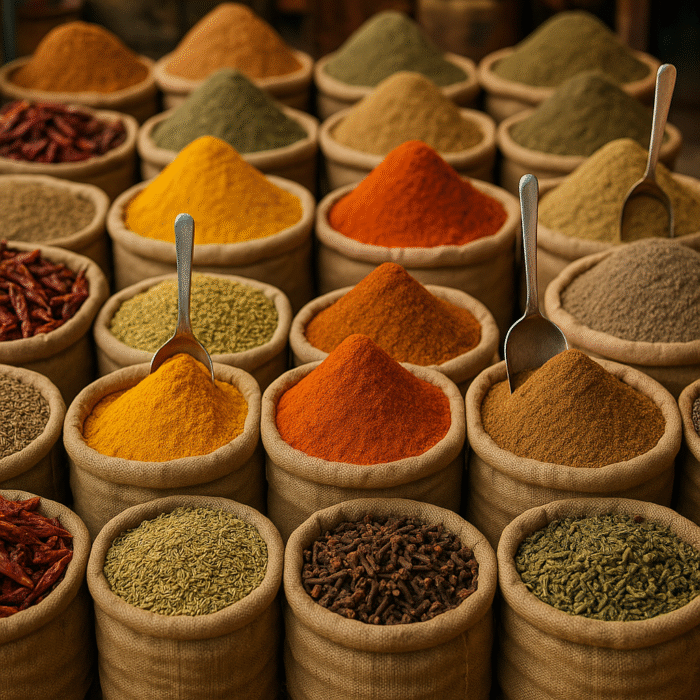 Colorful ground spices arranged in cone shapes inside jute sacks at a spice market.