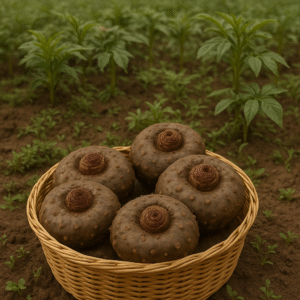 Basket of fresh elephant foot yams (suran) on farm soil, ideal for export