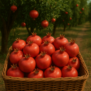 Basket full of red Indian pomegranates placed in a pomegranate orchard