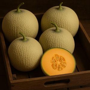 Juicy muskmelons in a wooden crate with one melon cut open to show orange flesh