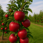 Red apples hanging from a tree branch in a lush orchard