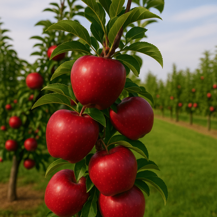 Red apples hanging from a tree branch in a lush orchard
